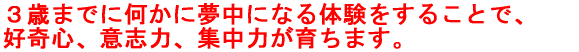 3歳までに何かに関心をもって思う存分楽しむ 体験をくり返すことで、 好奇心や意志力や集中力など、 あらゆる能力の基になる知性が豊かに育ちます。